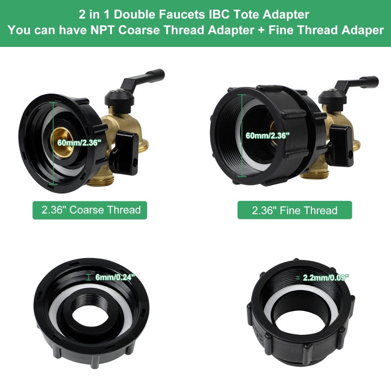 CNYGO 275-330 Gallon IBC Tote Water Tank Adapter  2 in 1 Double Faucets 2.36"" Coarse Thread+ 2.36""Fine Thread IBC Tote Valve Fittings Brass Hose Faucet Garden Hose Connector Replacement Parts - Image 4